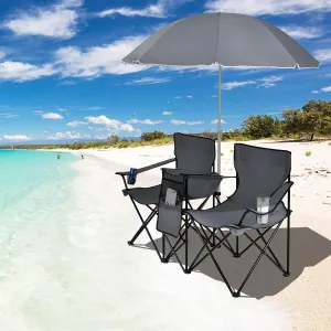 ReunionG Double Folding Camping Chairs, Portable Beach Chairs with Removable Umbrella & Mini Table Carrying Bag, Outdoor Lawn Chairs for Picnic, Patio, Pool, Park (Grey)