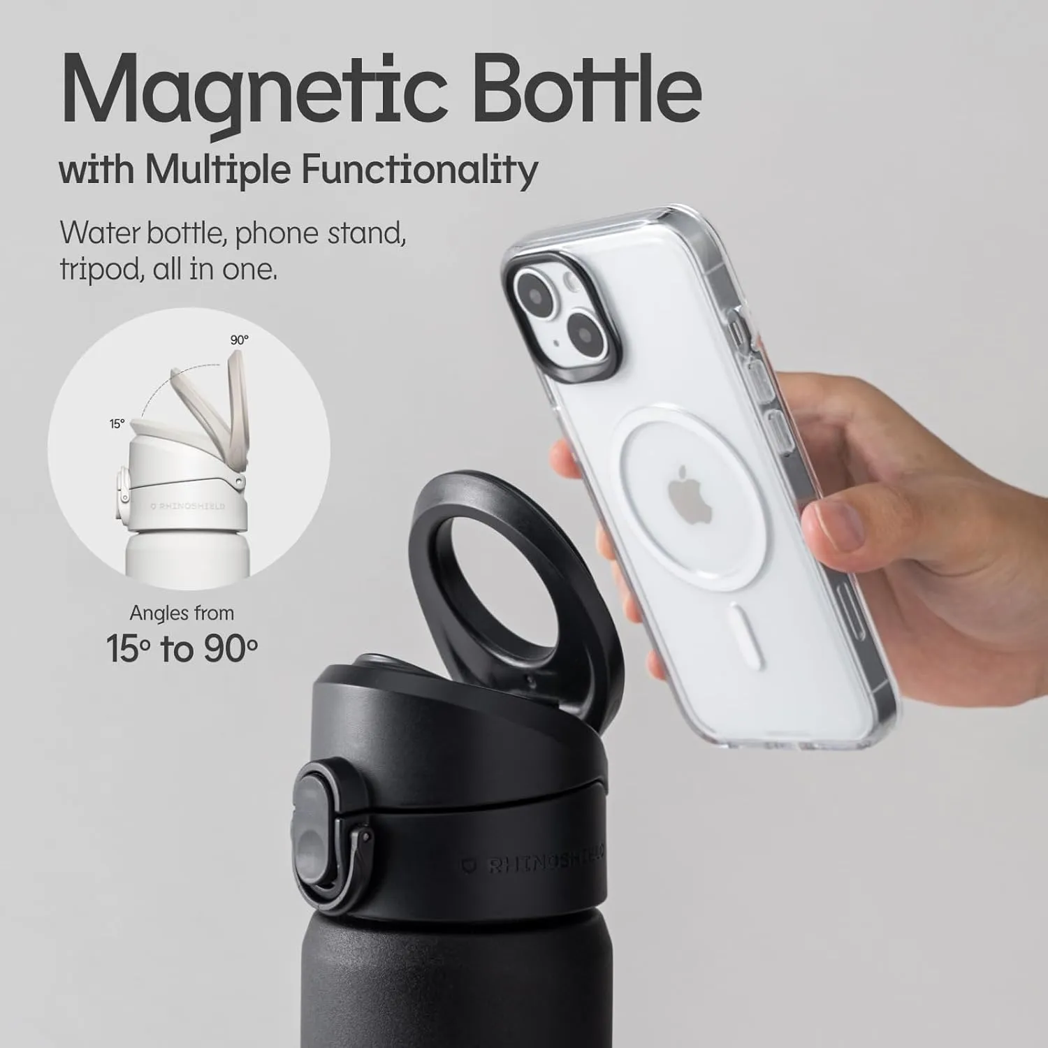 RhinoShield AquaStand Magnetic Bottle 27 oz | Tritan Water Bottle with Straw Lid, Sport Bottle with MagSafe Compatible Handle, Tripod with Adjustable Angles, Leak Proof, Lightweight - Crystal Clear