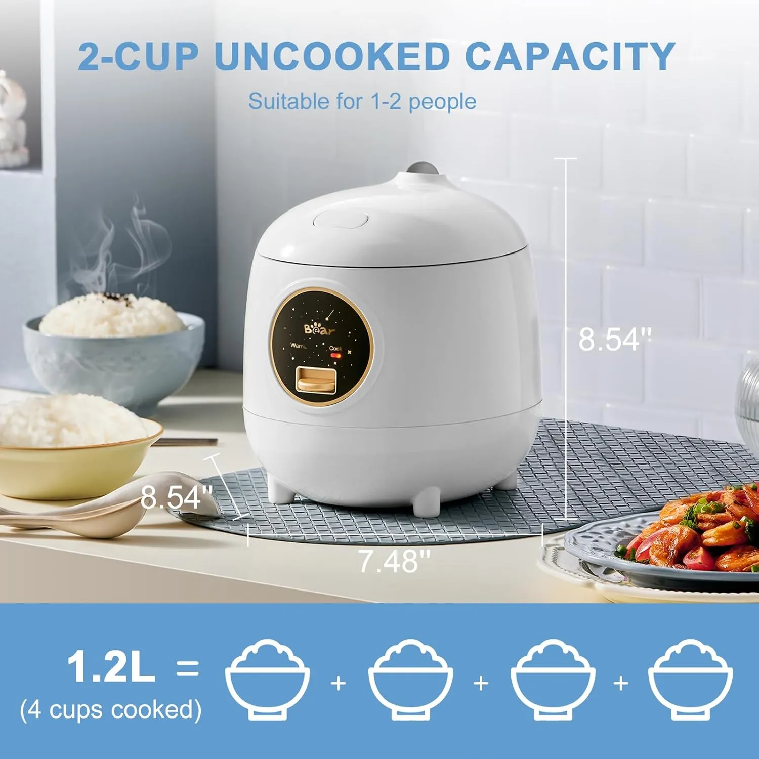 Rice Cooker 2-Cups Uncooked, 1.2L Small Rice Cooker with Non-stick Coating, BPA Free, Portable Mini Rice Cooker, One Button to Cook and Keep Warm Function, White