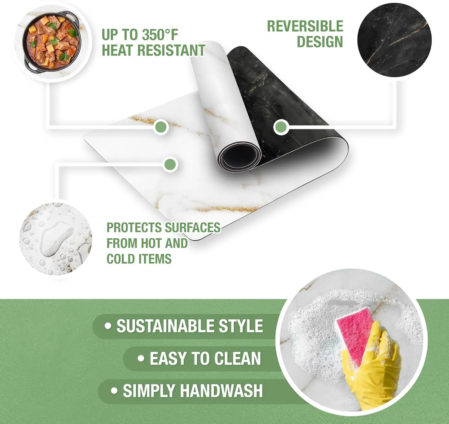 RIMONA'S Heat Resistant Table Runner - Waterproof, Table Protector, Heat Proof Trivet 350F for Hot Plates & Pots, Ideal for Gifting, Mother-in-Law Gift, Reversible White & Black Marble Runner