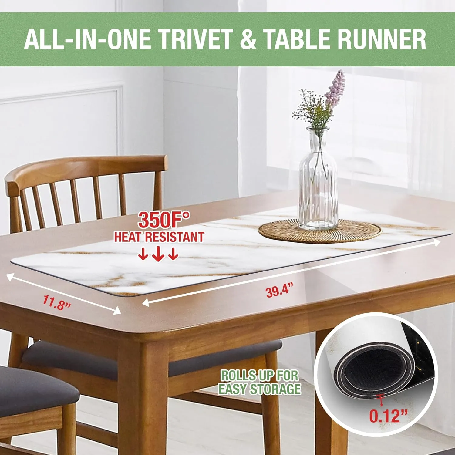 RIMONA'S Heat Resistant Table Runner - Waterproof, Table Protector, Heat Proof Trivet 350F for Hot Plates & Pots, Ideal for Gifting, Mother-in-Law Gift, Reversible White & Black Marble Runner