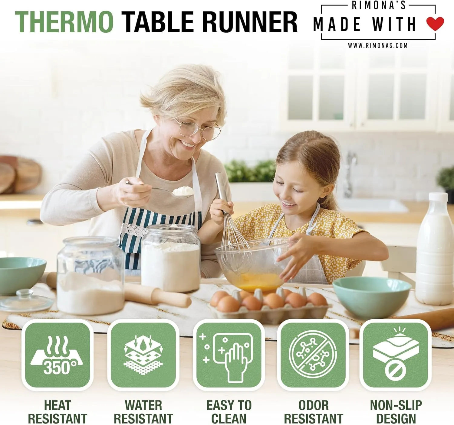 RIMONA'S Heat Resistant Table Runner - Waterproof, Table Protector, Heat Proof Trivet 350F for Hot Plates & Pots, Ideal for Gifting, Mother-in-Law Gift, Reversible White & Black Marble Runner