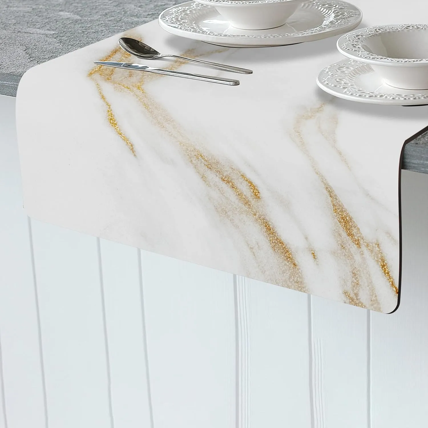 RIMONA'S Thermo Heat Resistant Table Runner and Trivet for Hot Dishes - Waterproof Hot Plates to Protect Table and Countertop - Kitchen & Dining 350F Heat Protector 40" - White Golden Marble