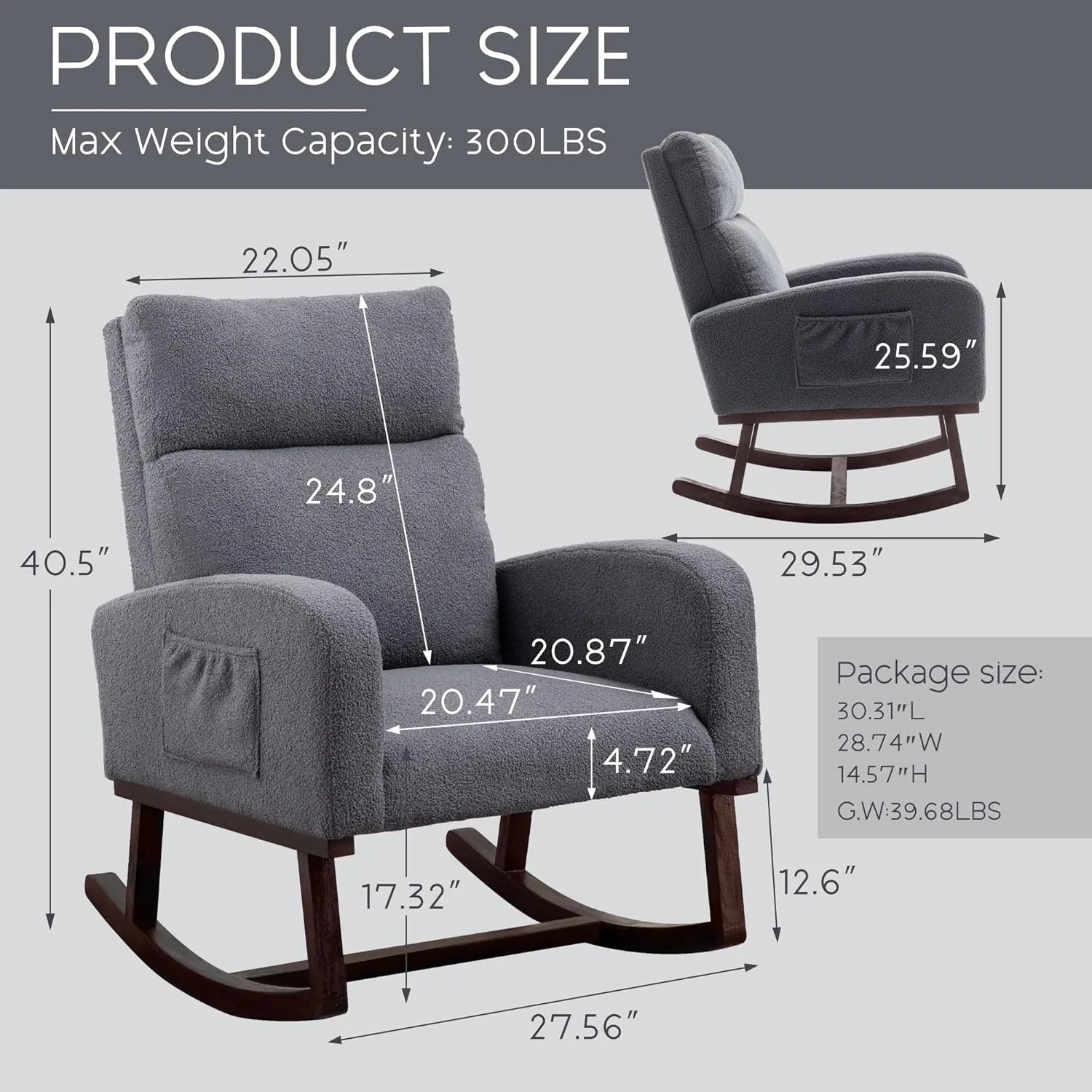 Rocking Chair Nursery - Glider Modern Accent Chairs Upholstered Teddy Fabric Rocker Padded Armchair for Indoor Living Room Bedroom Dary Grey