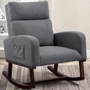Rocking Chair Nursery - Glider Modern Accent Chairs Upholstered Teddy Fabric Rocker Padded Armchair for Indoor Living Room Bedroom Dary Grey