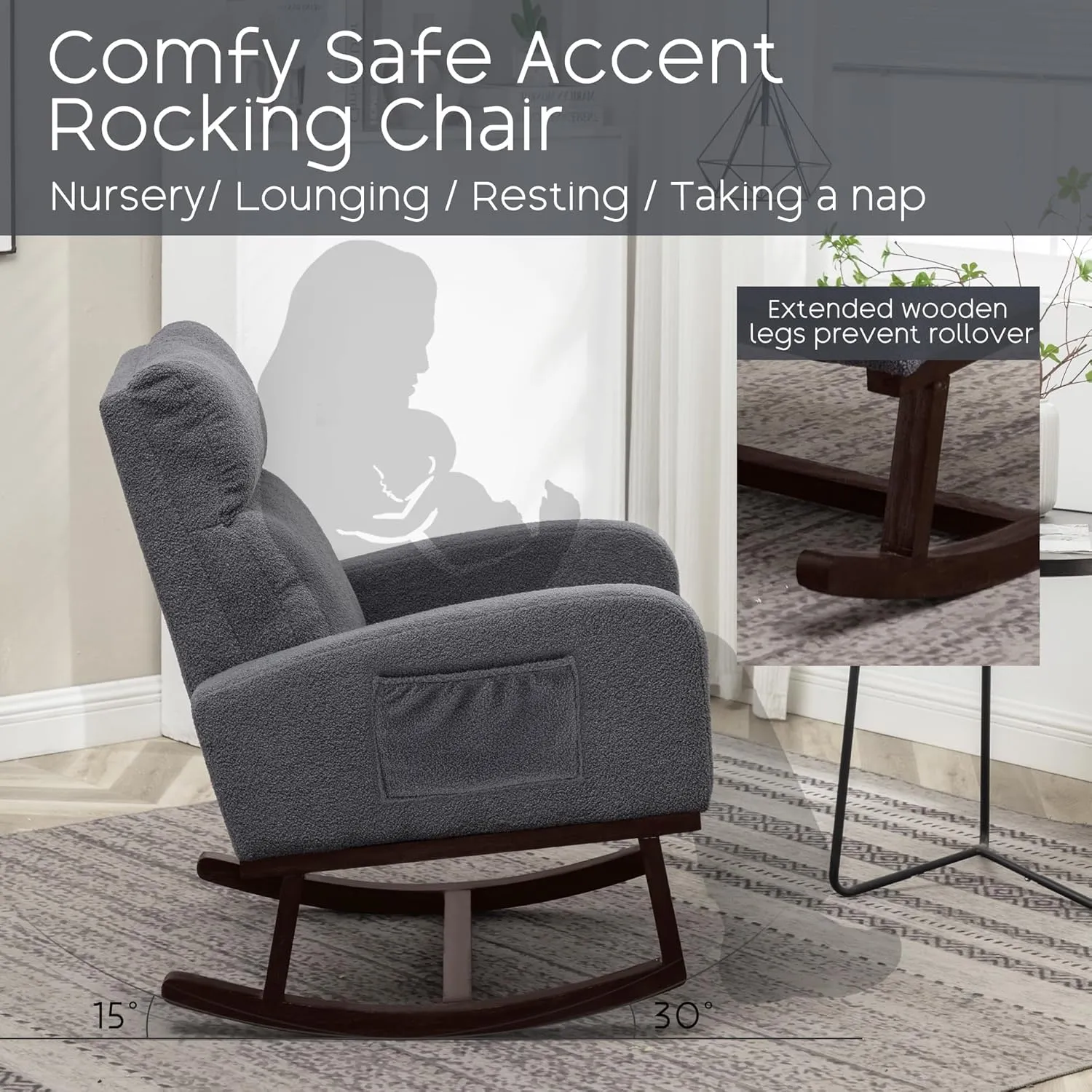 Rocking Chair Nursery - Glider Modern Accent Chairs Upholstered Teddy Fabric Rocker Padded Armchair for Indoor Living Room Bedroom Dary Grey