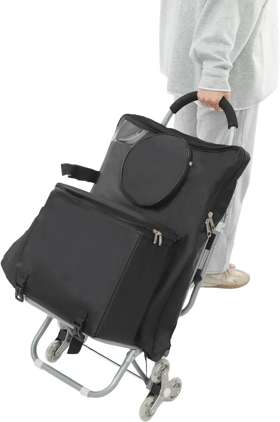 Rolling Art Car, Folding Big Wheeled Portable Rolling Chair/Art Cart with Storage (Black)