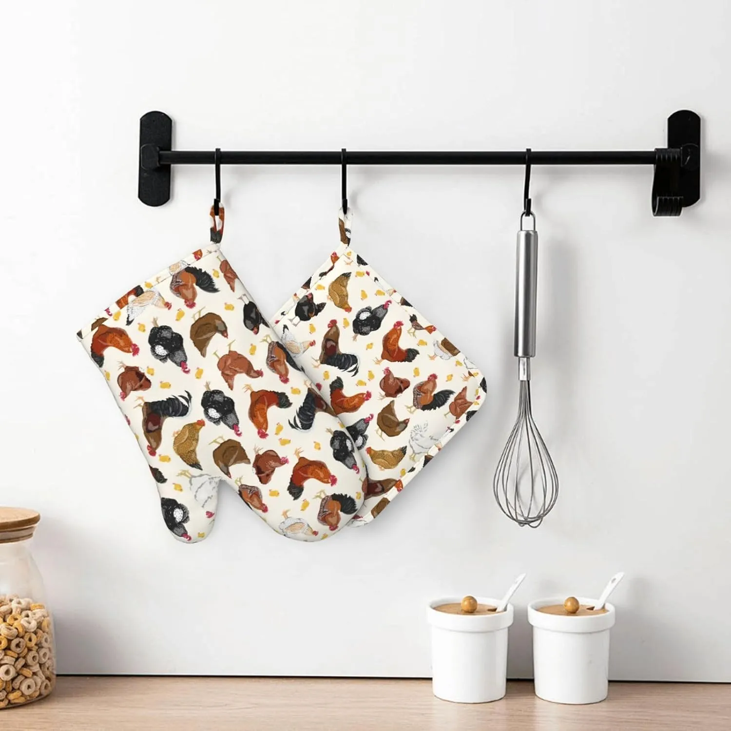 Rooster Hen Oven Mitts and Pot Holders Sets Silicone Rustic Domestic Animal Chicken Kitchen Mitts Potholders Heat Resistant 4Pcs Oven Gloves Hot Pads for Kitchen Baking Cooking BBQ Grilling