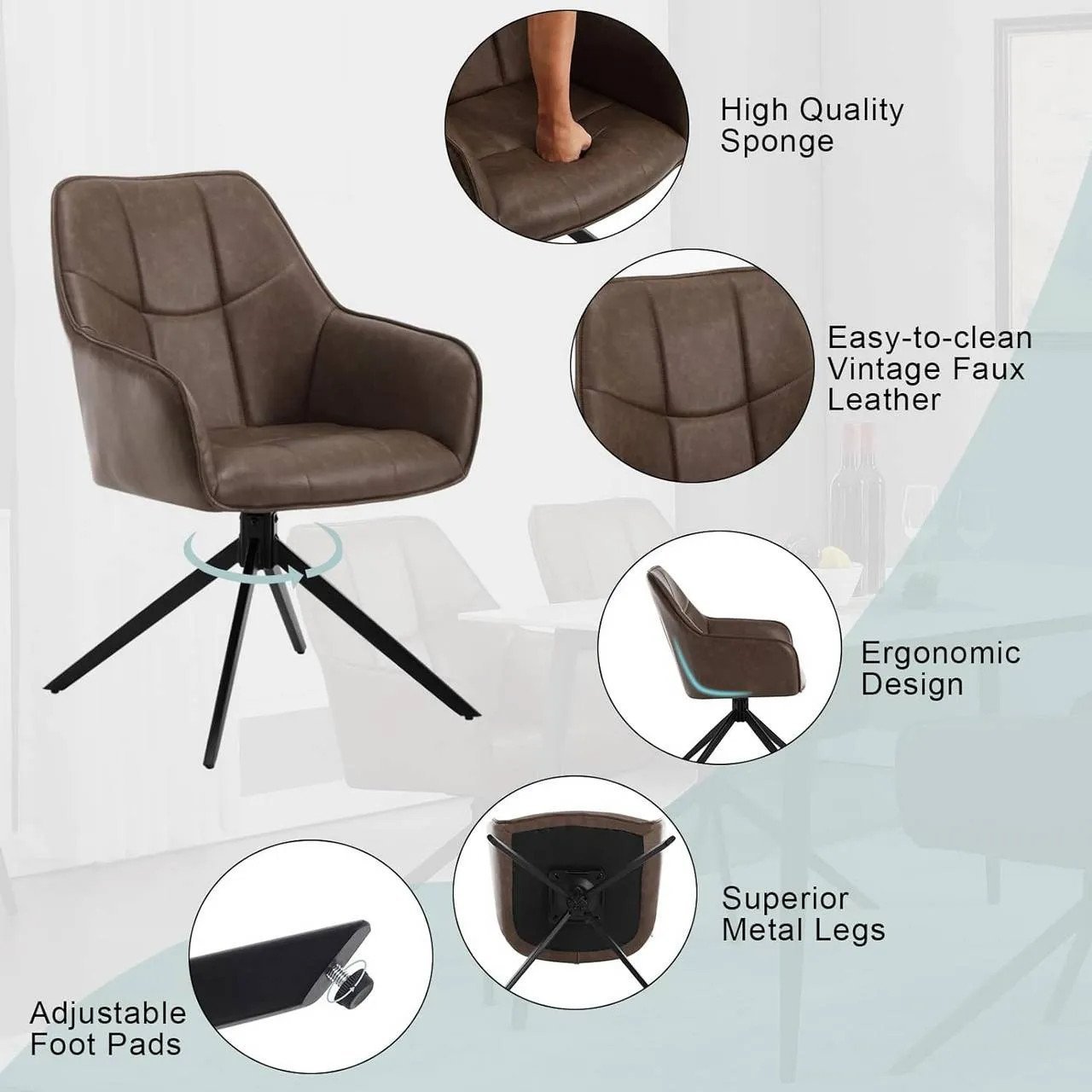 Rootz Dining Chair - Swivel Chair - Retro Style Chair - Vintage Faux Leather - 58cm x 86cm x 63.5cm - Ergonomic Design