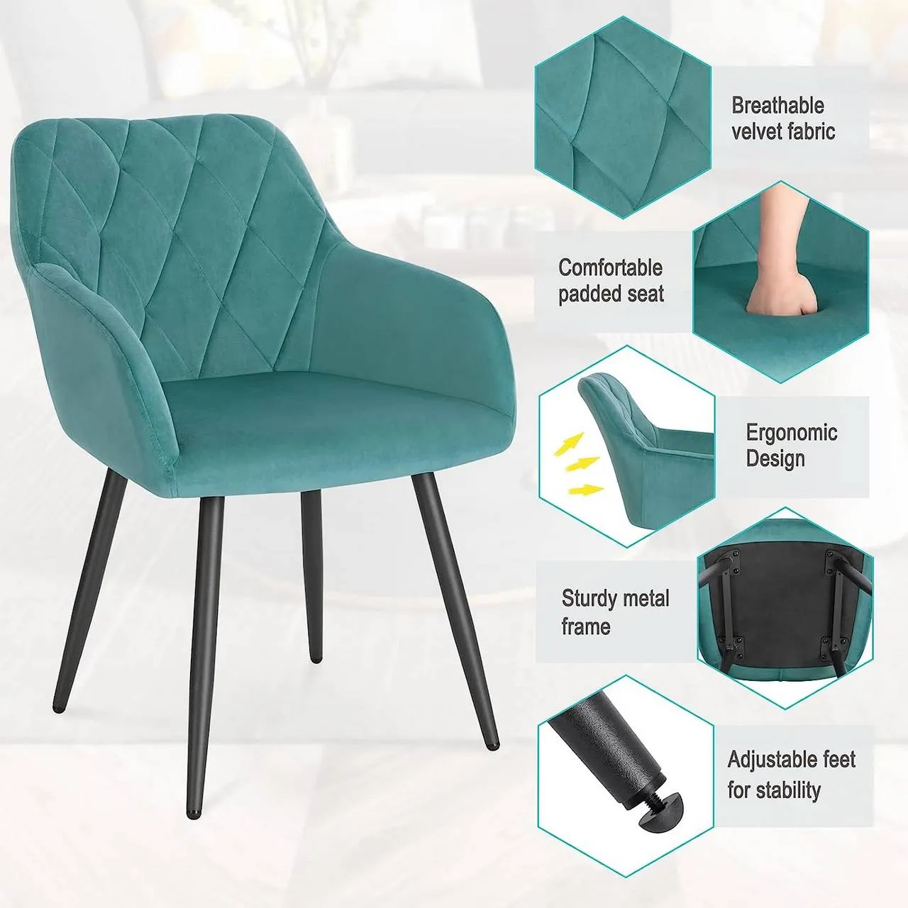 Rootz Dining Chairs - Velvet Dining Room Chairs - Kitchen Chairs - Ergonomic Design - 44cm x 42.5cm x 46.5cm - Set of 4