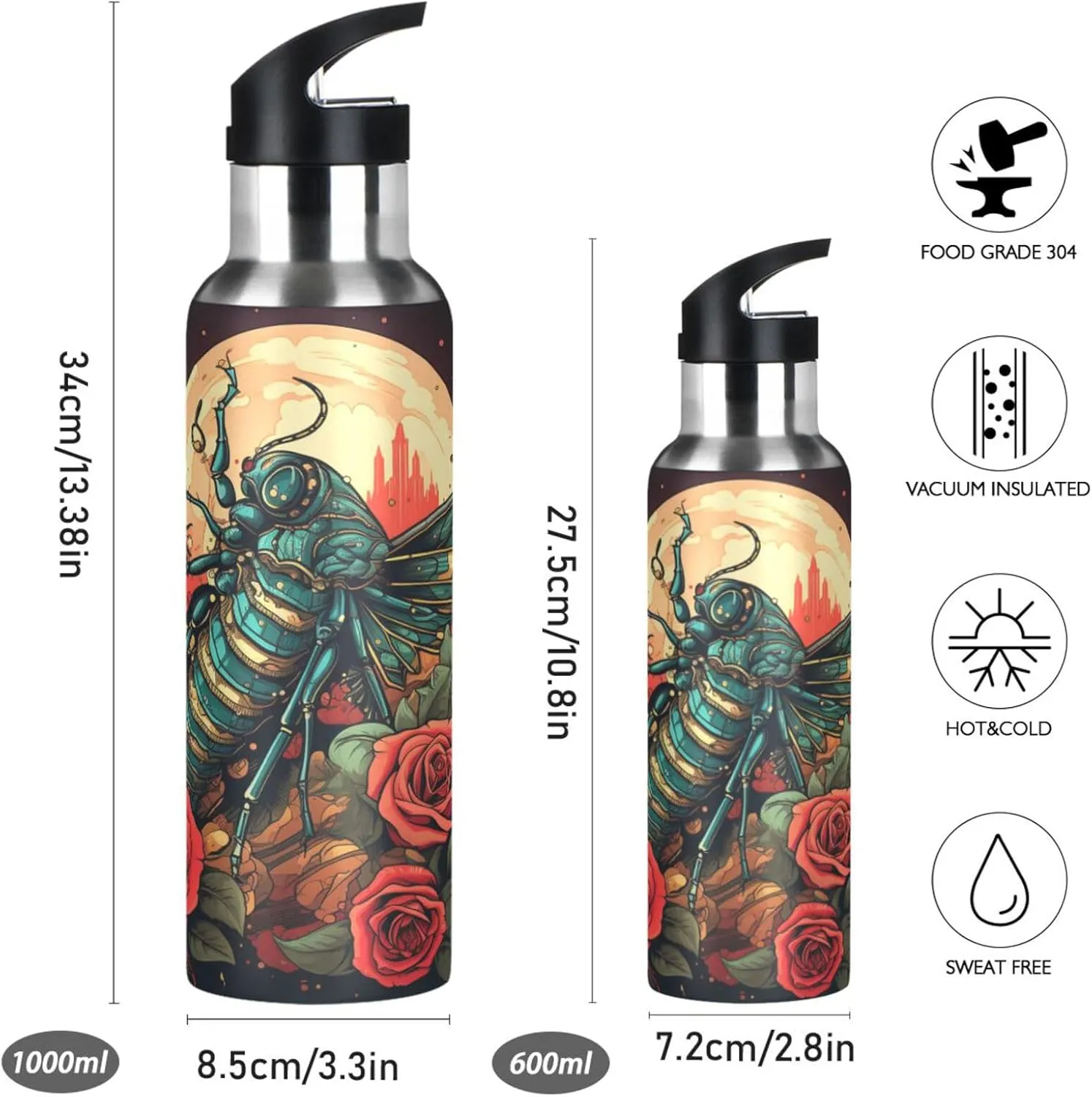Rose Moon Insect Art Sport Water Bottle Insulated Stainless Steel Large Vacuum Flask Leak Proof Thermos with Straw for Travel(600ml/1000ml)