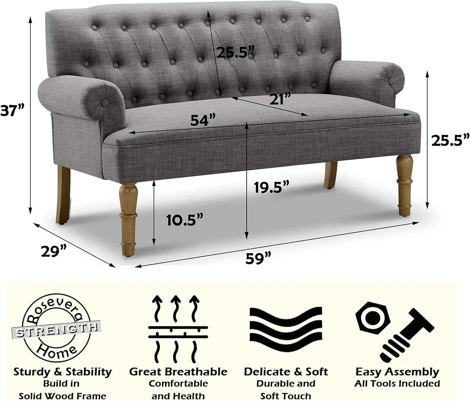 Rosevera Drennan Loveseat - Sofa for Living Room, Linen, Dove Gray