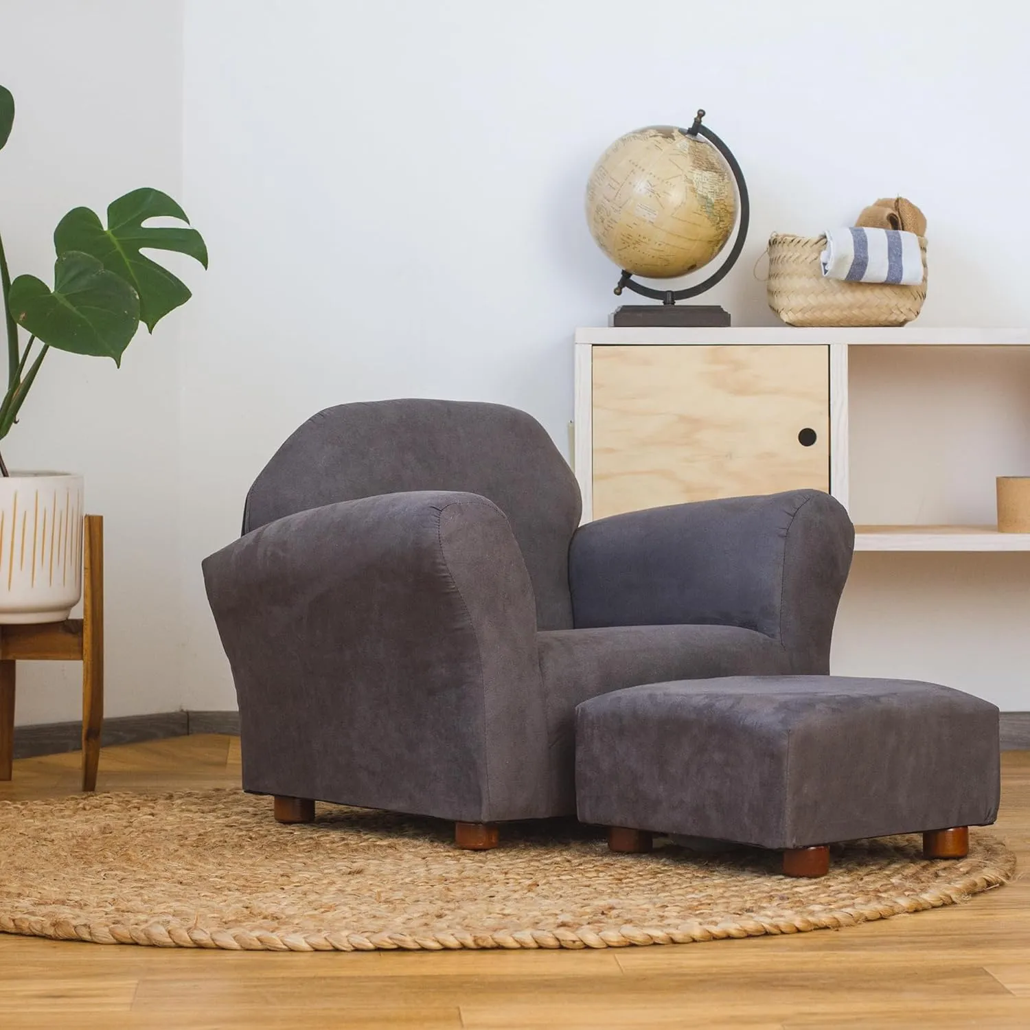 Roundy Kids Chair with Ottoman, Microsuede Upholstered, Ergonomic & Comfortable Design, Sturdy Wooden Frame, Ideal for Boys & Girls Ages 2-5, Easy to Clean, Perfect for Bedrooms, Playrooms & Daycares