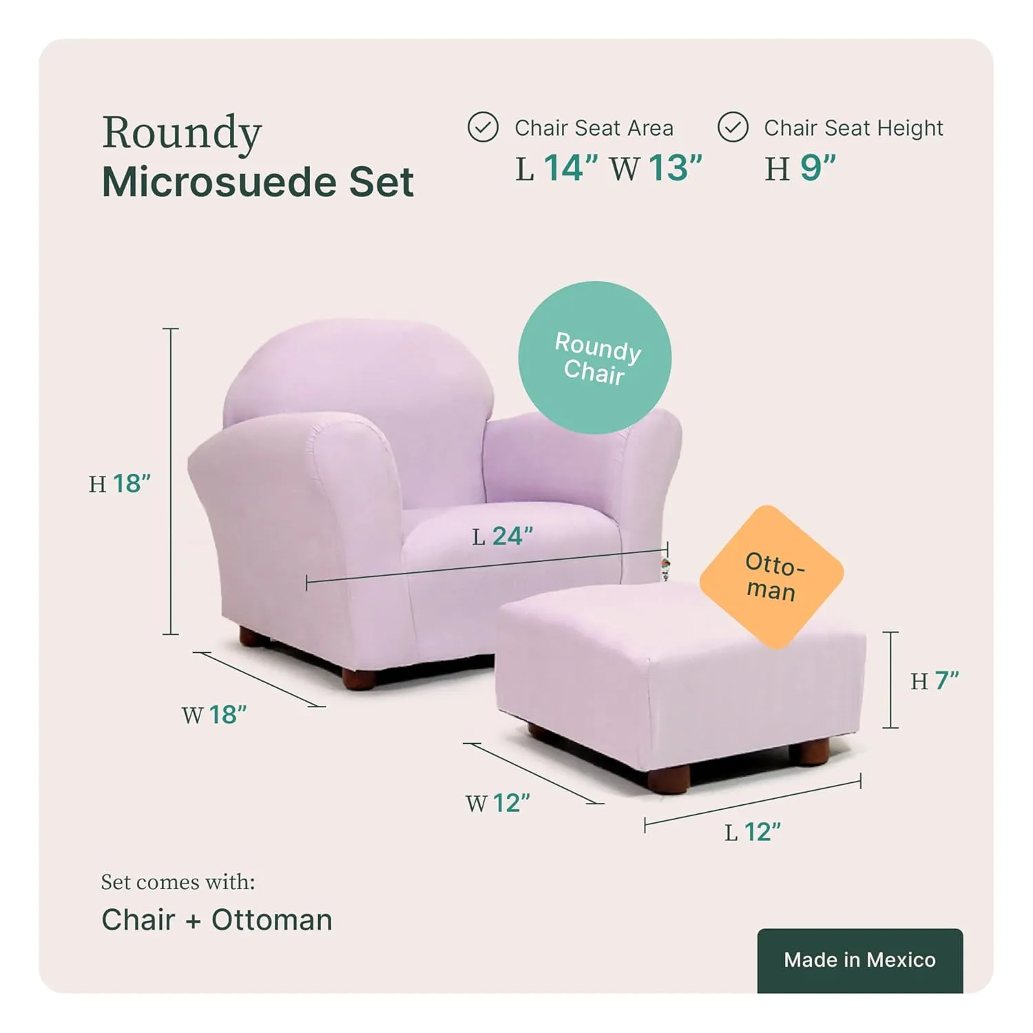 Roundy Kids Chair with Ottoman, Microsuede Upholstered, Ergonomic & Comfortable Design, Sturdy Wooden Frame, Ideal for Boys & Girls Ages 2-5, Easy to Clean, Perfect for Bedrooms, Playrooms & Daycares