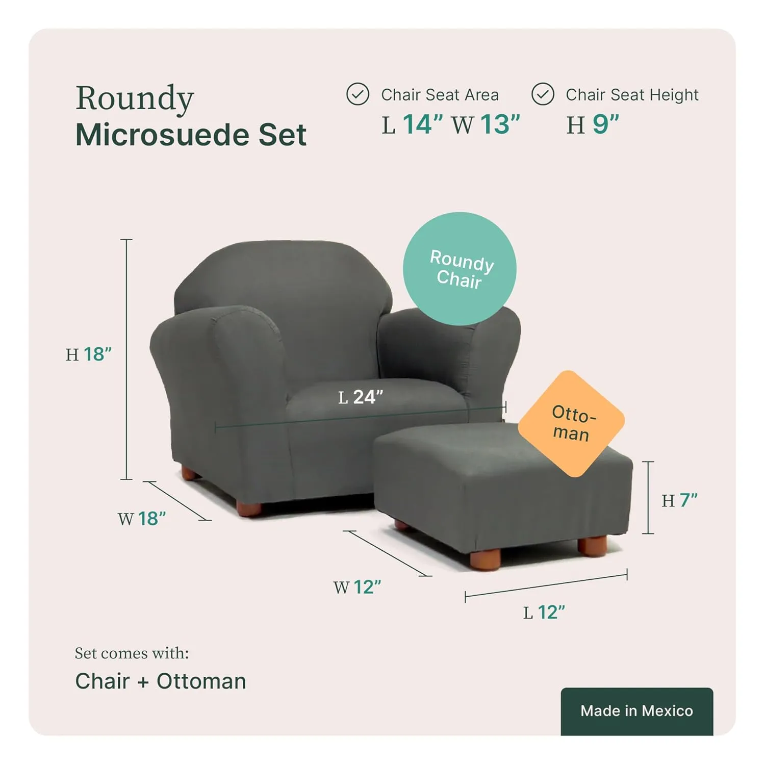 Roundy Kids Chair with Ottoman, Microsuede Upholstered, Ergonomic & Comfortable Design, Sturdy Wooden Frame, Ideal for Boys & Girls Ages 2-5, Easy to Clean, Perfect for Bedrooms, Playrooms & Daycares