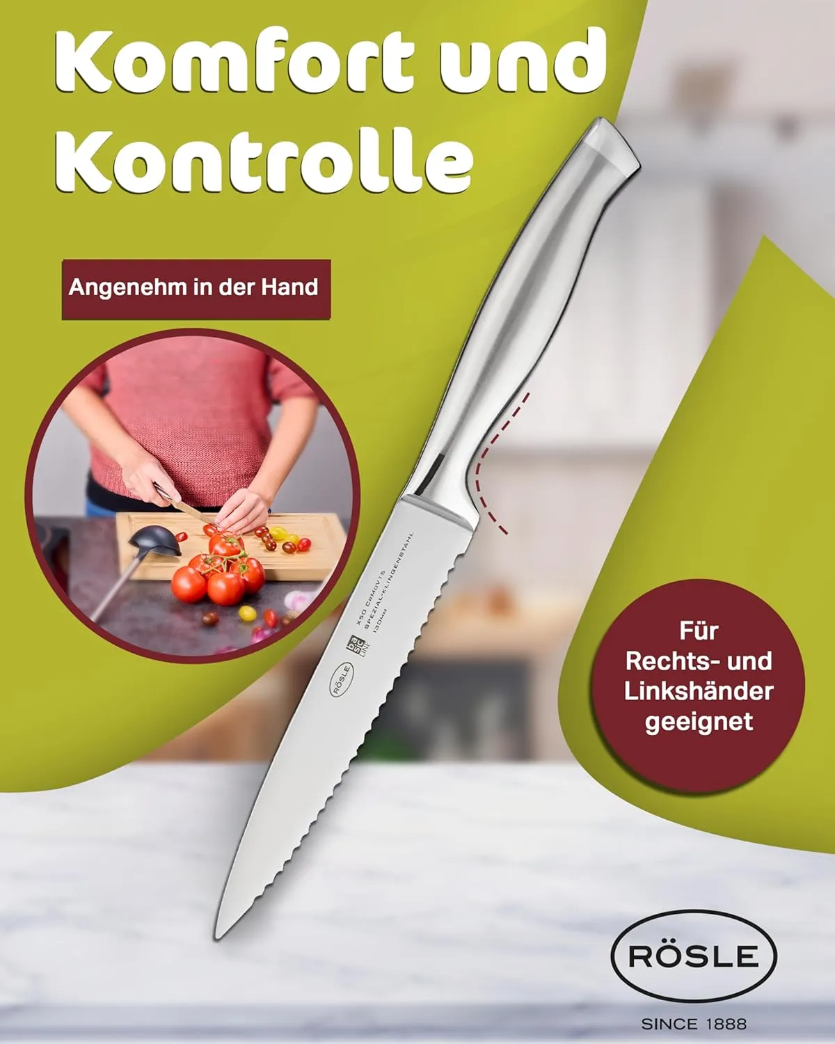 Rösle Basics Line Stainless Steel Serrated Universal Kitchen Knife, 5-inch Blande