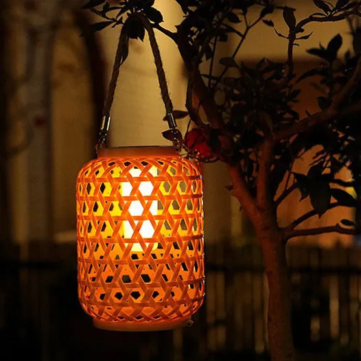 Rynx | Modern Art Deco Solar Waterproof Imitation Rattan Woven Lantern Cylindrical Plastic LED Outdoor Light For Garden