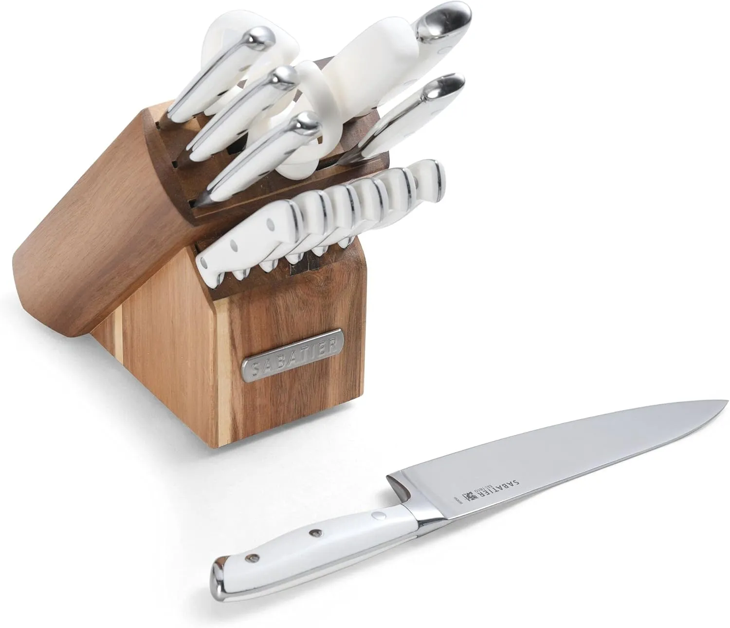 Sabatier 15-Piece Forged Triple Rivet Knife Block Set, High-Carbon Stainless Steel Kitchen Knives, Razor-Sharp Knife set with Acacia Wood Block, White Handles