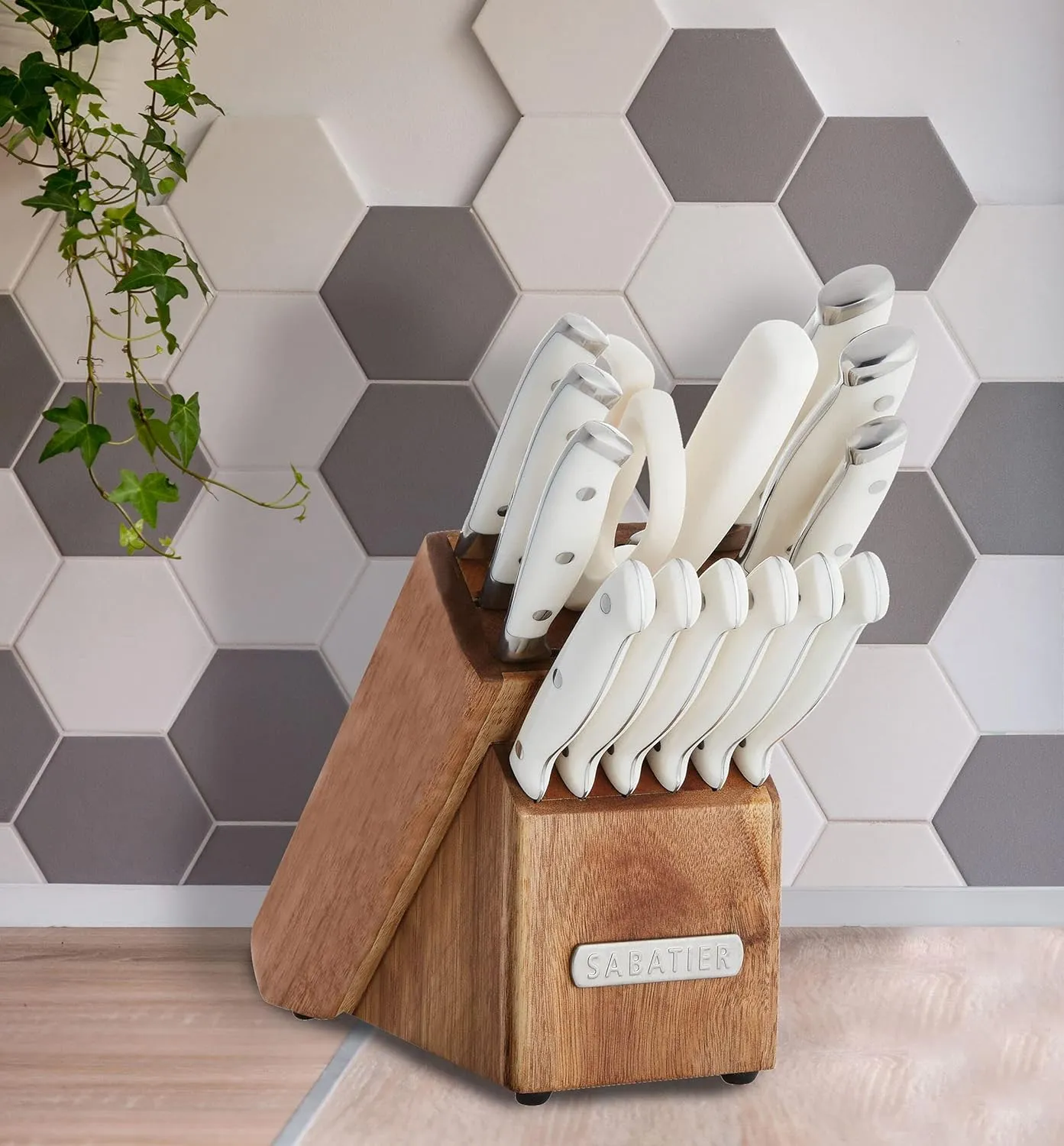 Sabatier 15-Piece Forged Triple Rivet Knife Block Set, High-Carbon Stainless Steel Kitchen Knives, Razor-Sharp Knife set with Acacia Wood Block, White Handles