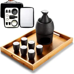 Sake Set and Cups with Warmer, Sake Storage Gift Bag, Traditional Porcelain Japanese Pottery Hot Saki Drink, 9-Piece Include 1 Stove 1 Warming Bowl 1 Sake Bottle 6 Cup