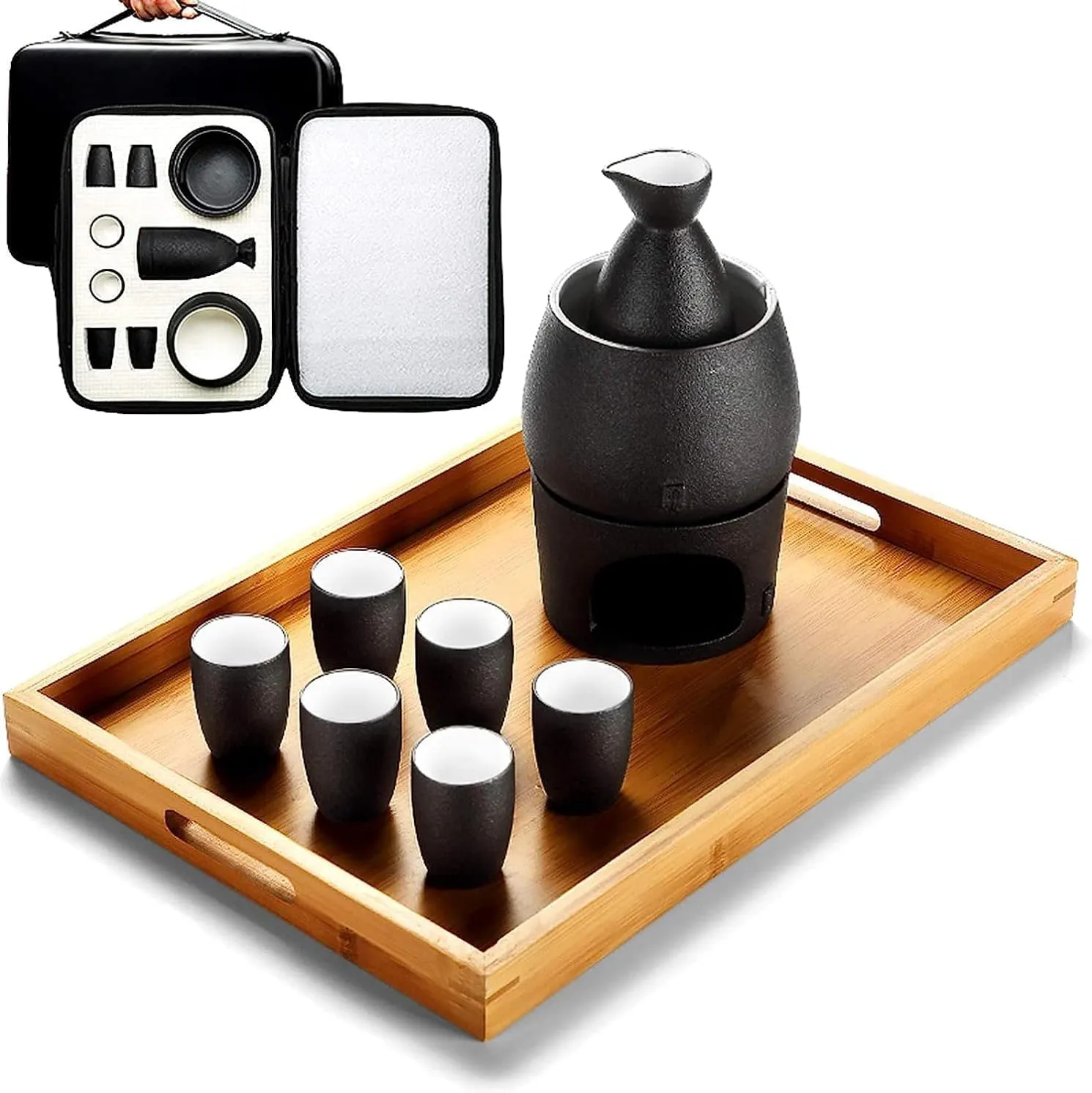 Sake Set and Cups with Warmer, Sake Storage Gift Bag, Traditional Porcelain Japanese Pottery Hot Saki Drink, 9-Piece Include 1 Stove 1 Warming Bowl 1 Sake Bottle 6 Cup