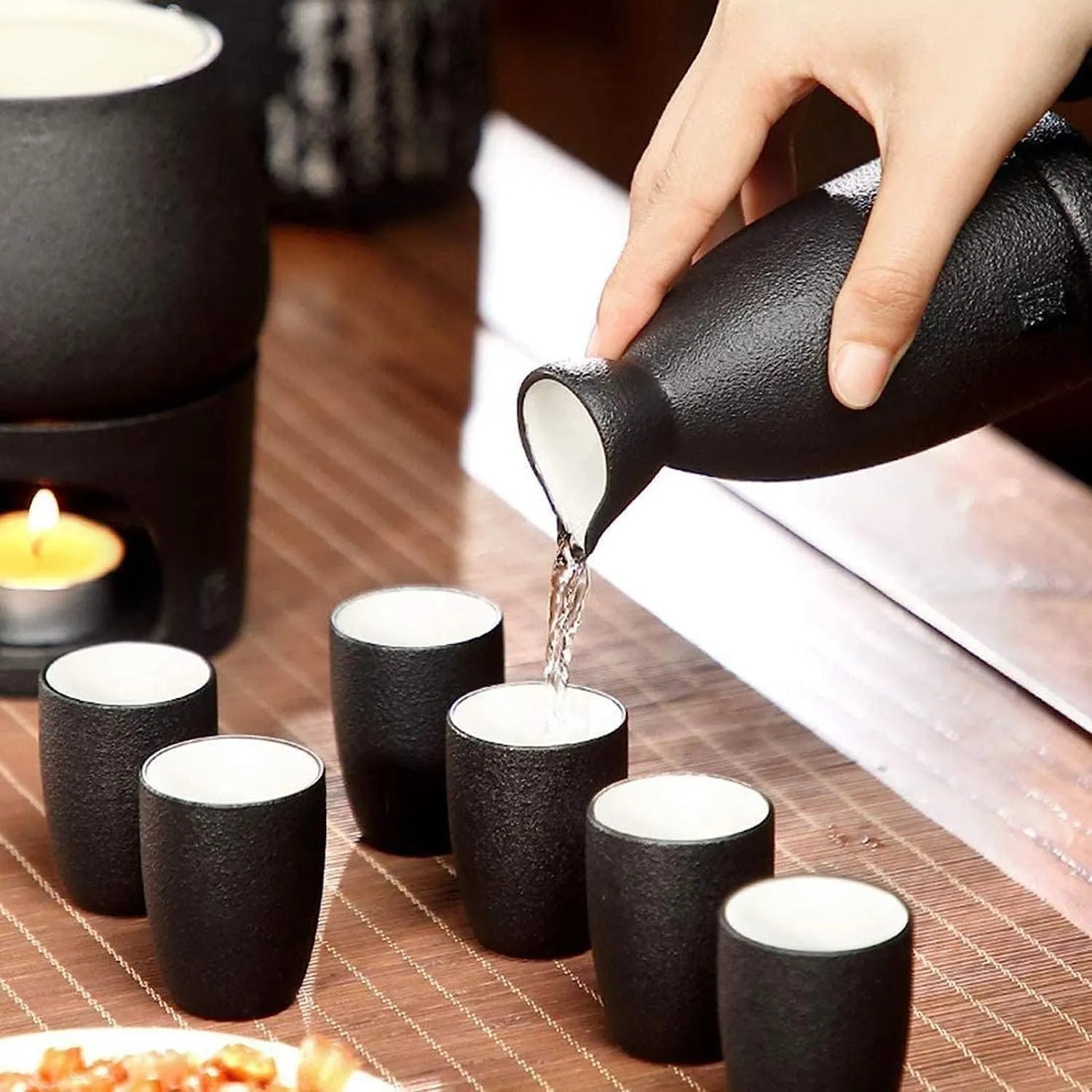 Sake Set and Cups with Warmer, Sake Storage Gift Bag, Traditional Porcelain Japanese Pottery Hot Saki Drink, 9-Piece Include 1 Stove 1 Warming Bowl 1 Sake Bottle 6 Cup