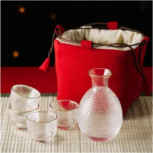 Sake Set Japanese with Storage Bag Glass Sake Pot Sake Cup Transparent Modern Used for Home Party and Great Gifts 4 Sake Cups  1Sake Pot Red