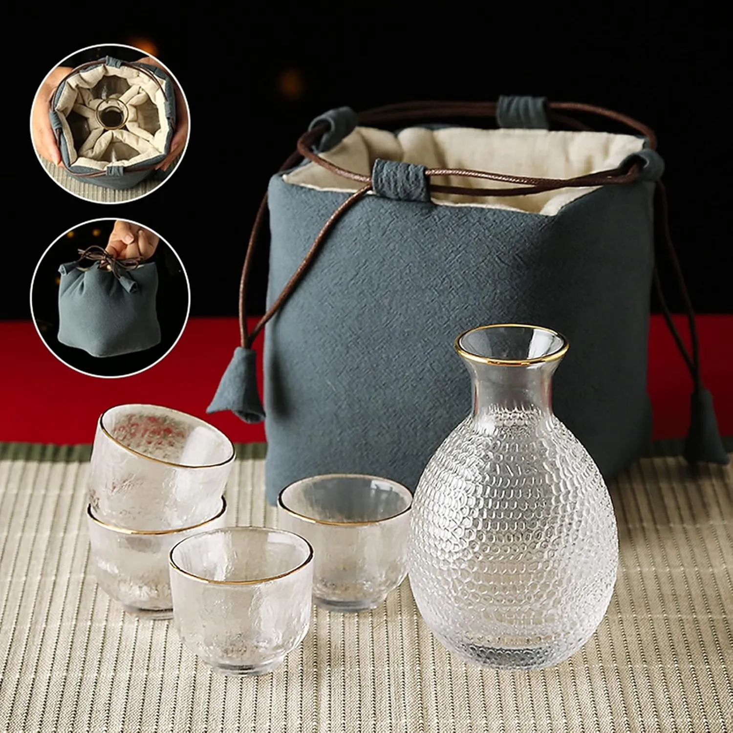 Sake Set Japanese with Storage Bag, Glass Sake Pot Sake Cup Transparent Modern Used for Home Party and Great Gifts 4 Sake Cups  1Sake Pot,Red