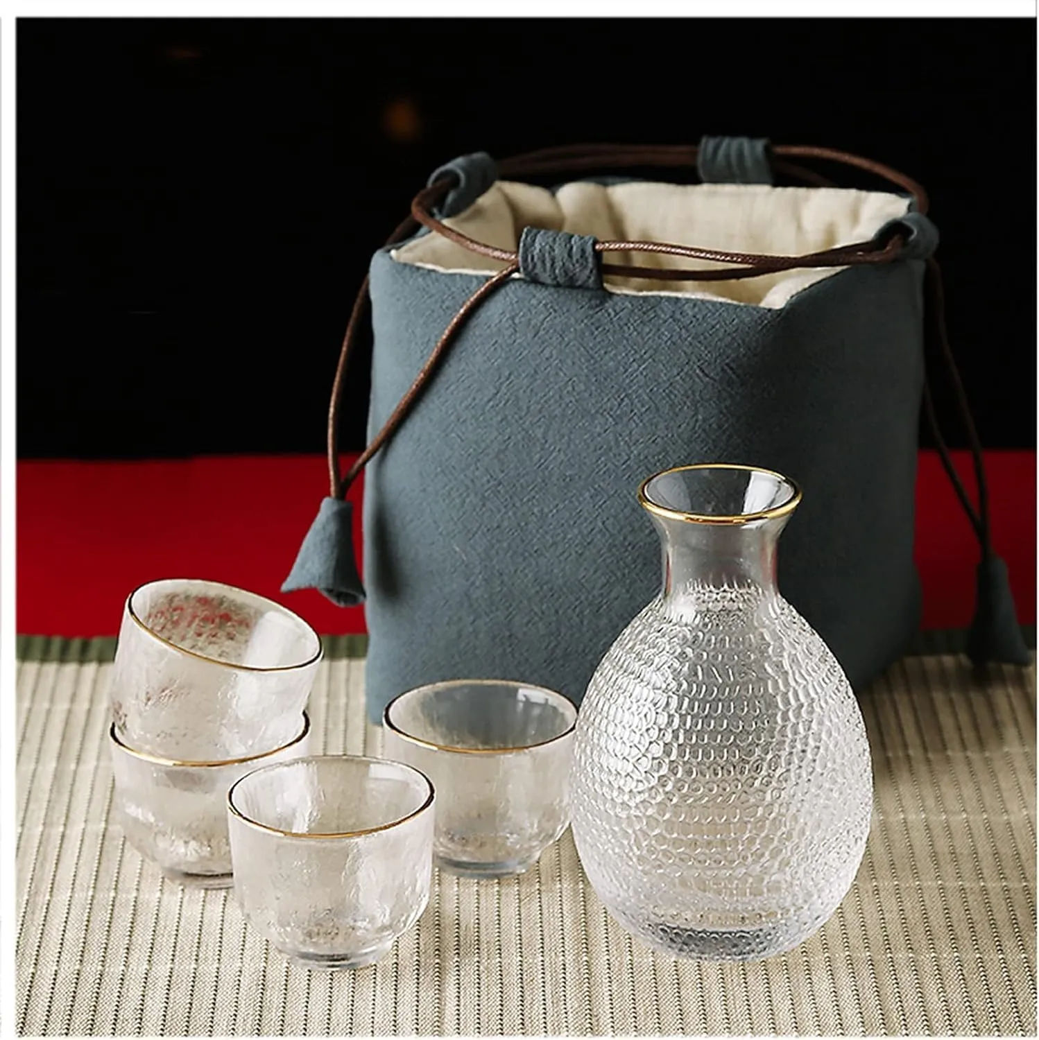 Sake Set Japanese with Storage Bag, Glass Sake Pot Sake Cup Transparent Modern Used for Home Party and Great Gifts 4 Sake Cups  1Sake Pot,Red