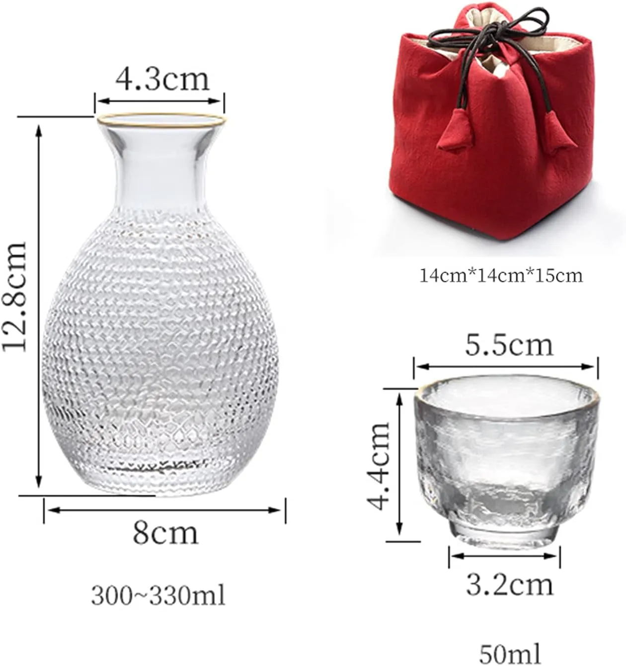 Sake Set Japanese with Storage Bag, Glass Sake Pot Sake Cup Transparent Modern Used for Home Party and Great Gifts 4 Sake Cups  1Sake Pot,Red