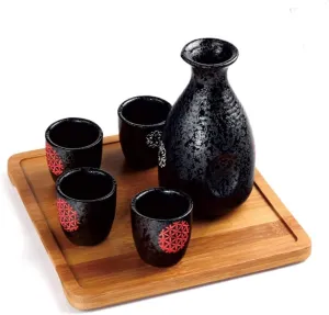 Sake Set of 6 Pieces with Wooden Tray Japanese Style Traditional Retro Porcelain Crafts Black Bag Jug Series