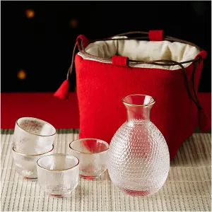 Sake Set, Saki Cups，Crafts Cup Ceramic Sake Set， Sake Set Japanese with Storage Bag, Glass Sake Pot Sake Cup Transparent Modern Used for Home Party and Great Gifts 4 Sake Cups  1Sake Pot,Red (Color :