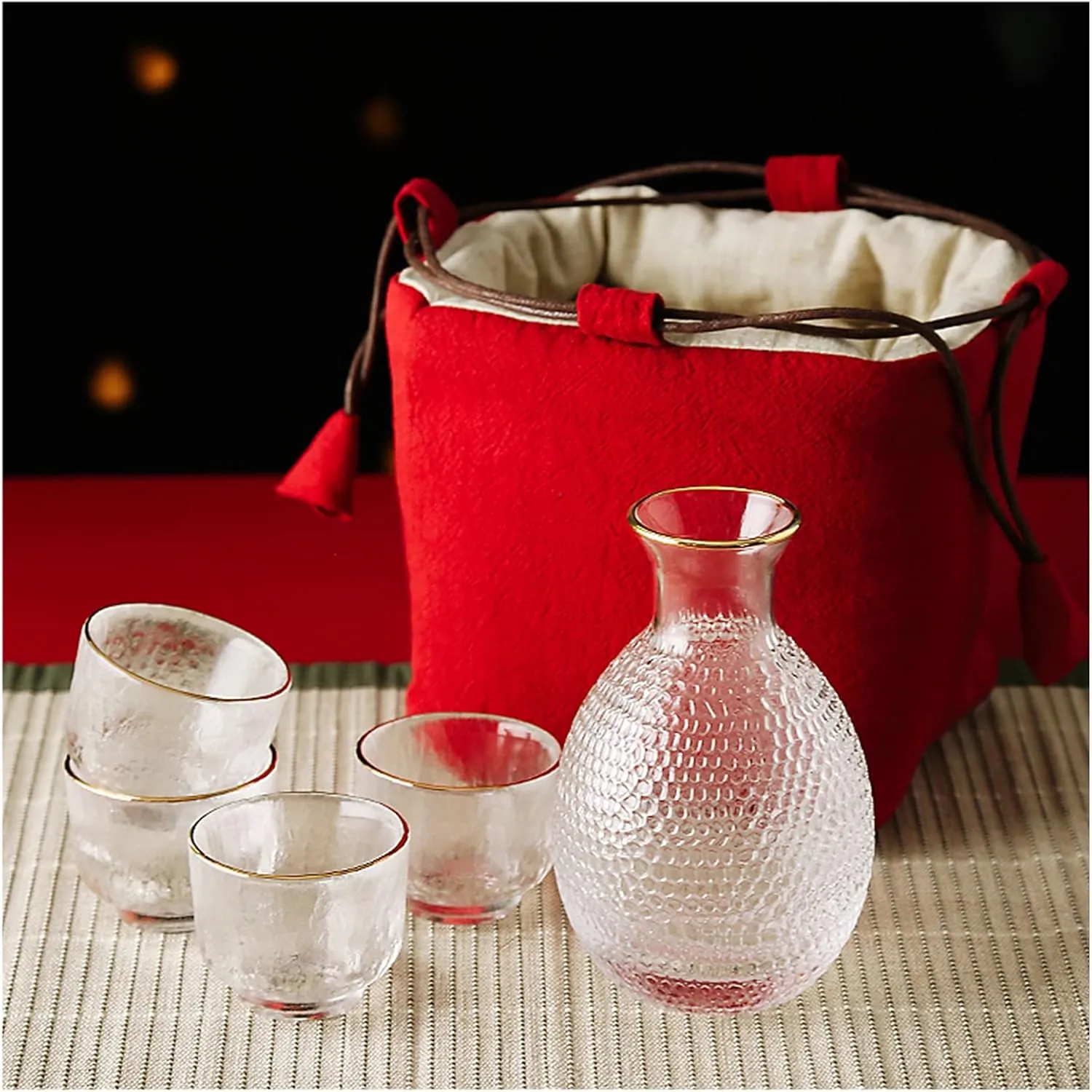 Sake Set, Saki Cups，Crafts Cup Ceramic Sake Set， Sake Set Japanese with Storage Bag, Glass Sake Pot Sake Cup Transparent Modern Used for Home Party and Great Gifts 4 Sake Cups  1Sake Pot,Red (Color :