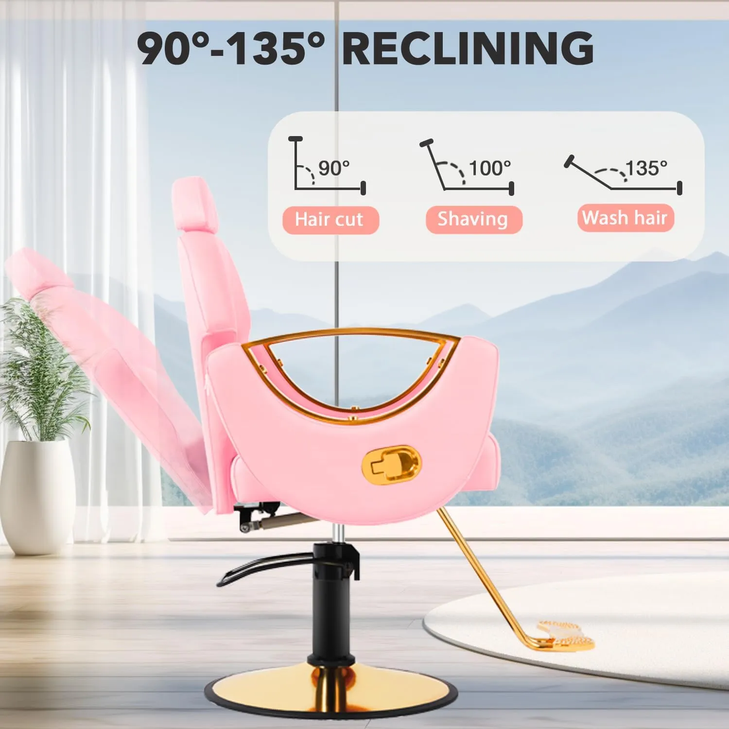 Salon Barber Chair, Reclining Salon Chair for Hair Stylist, Hair Chairs with Heavy Duty Hydraulic Pump, 360 Swivel Styling Braiding Hairdresser Chair for Home Barbershop, Light Pink Gold