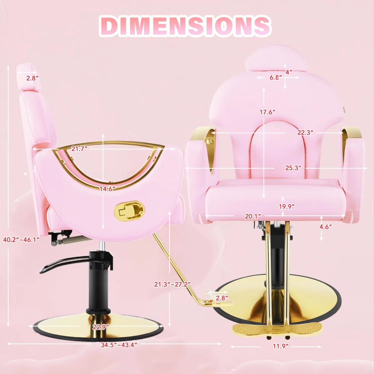 Salon Barber Chair, Reclining Salon Chair for Hair Stylist, Hair Chairs with Heavy Duty Hydraulic Pump, 360 Swivel Styling Braiding Hairdresser Chair for Home Barbershop, Light Pink Gold