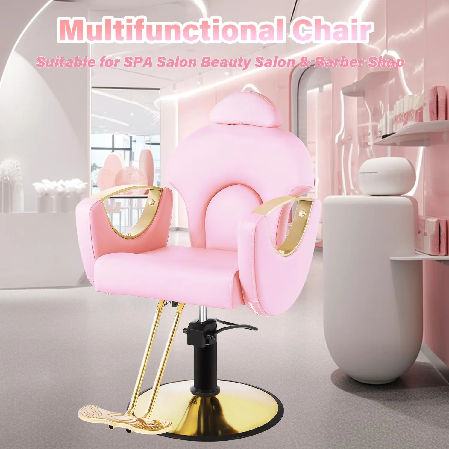 Salon Barber Chair, Reclining Salon Chair for Hair Stylist, Hair Chairs with Heavy Duty Hydraulic Pump, 360 Swivel Styling Braiding Hairdresser Chair for Home Barbershop, Light Pink Gold
