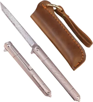Samior GD035 Small Slim Folding Pocket Flipper Knife, 3.5 inches VG10 Damascus Tanto Blade, Grey Titanium Handle Frame Lock Pocket Clip, Sleek EDC Low Profile Gentleman's Knives
