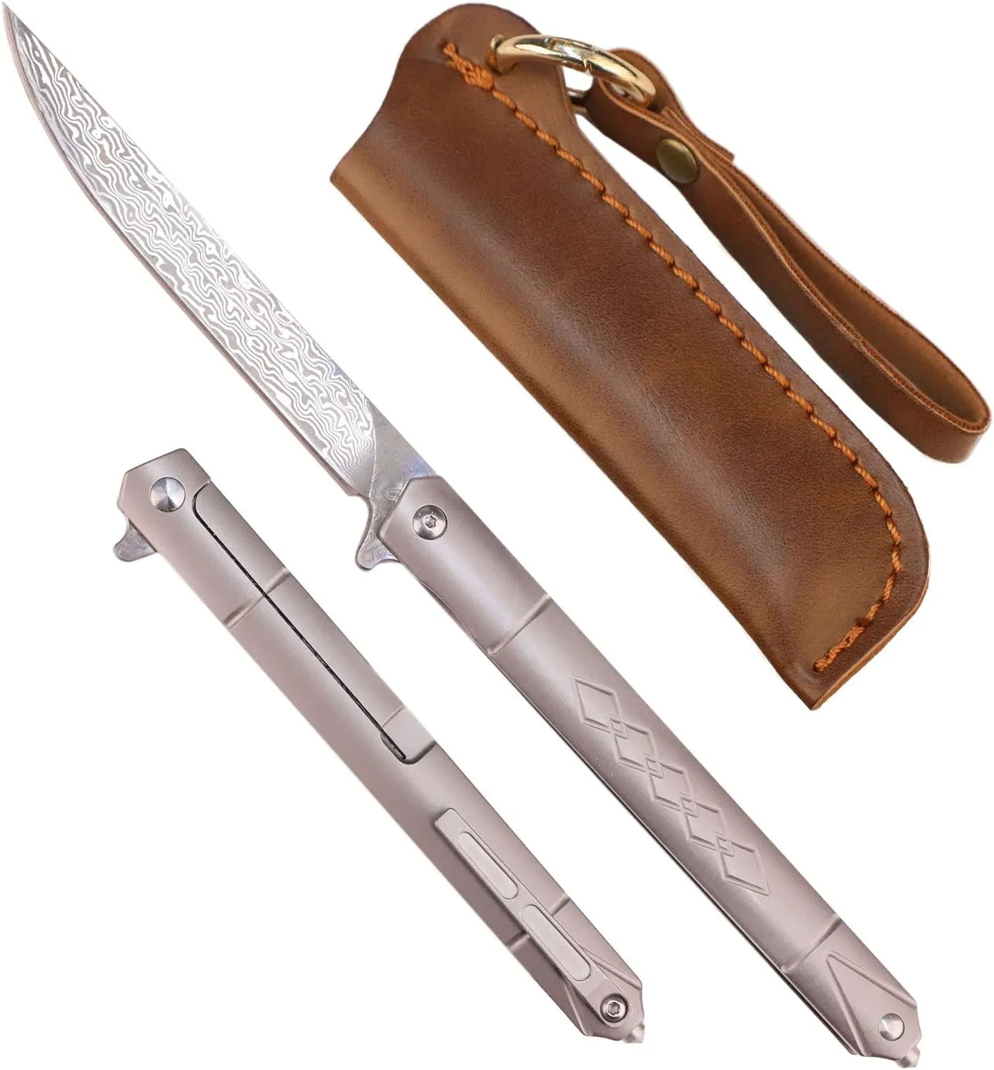 Samior GD035 Small Slim Folding Pocket Flipper Knife, 3.5 inches VG10 Damascus Tanto Blade, Slender Grey Titanium Handle Frame Lock Pocket Clip, Gentleman's EDC Knives
