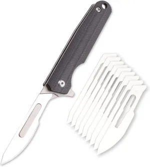 Samior S51 Small Slim Folding Pocket Flipper Scalpel Knife with 10pcs #24 Replaceable Blade, 2.9 inches G10 Handle with Liner Lock, Utility EDC Keychain Knives, 1.1oz (Black)
