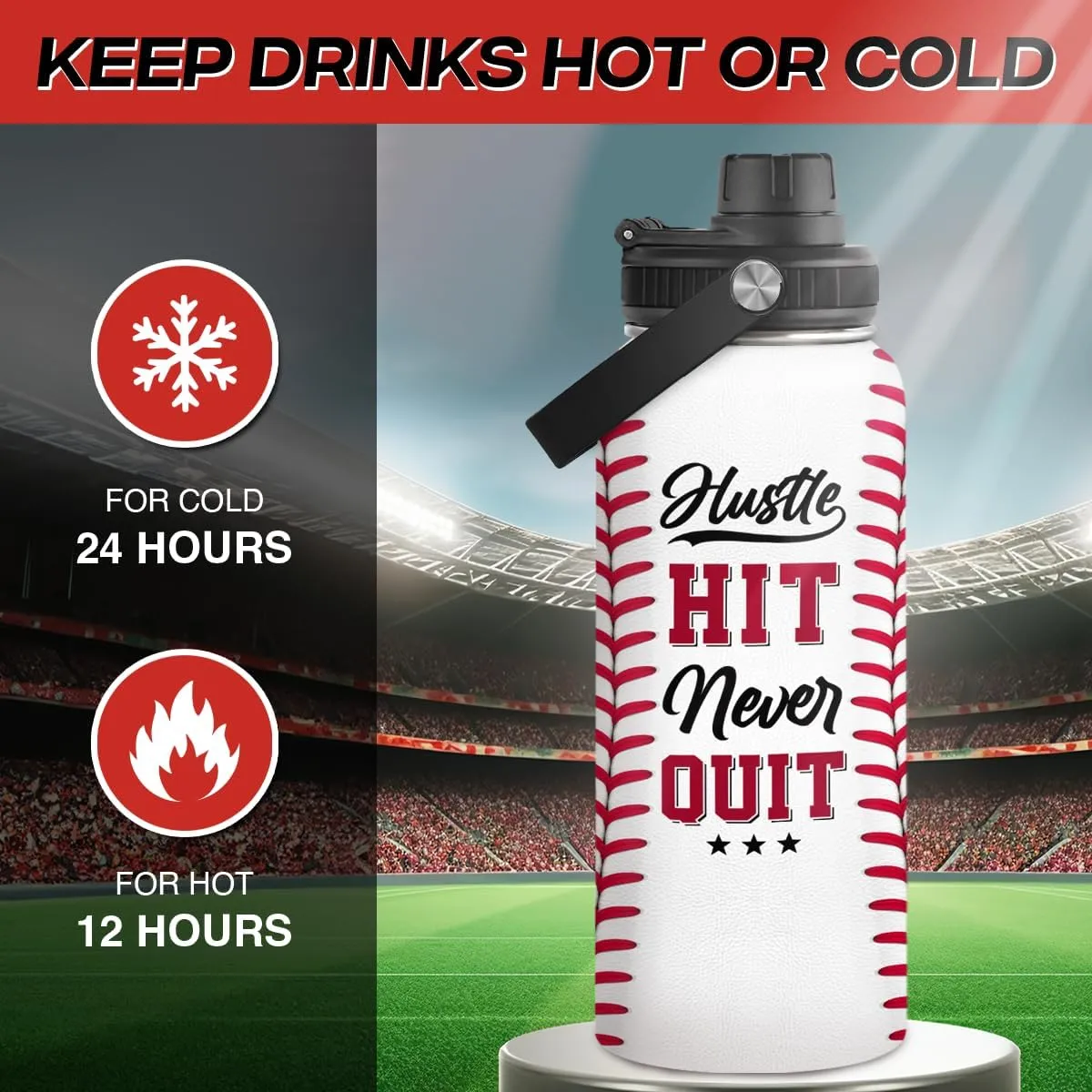 SANDJEST Baseball Water Bottle 32oz Hustle Hit Never Quit Stainless Steel Insulated Bottle for Men Women Sports Lovers Baseball Fans