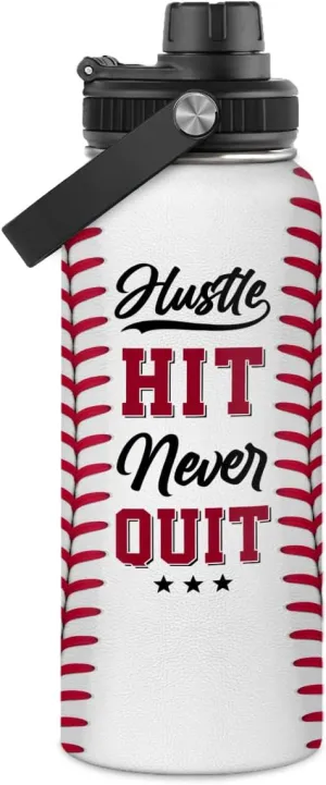 SANDJEST Baseball Water Bottle 32oz Hustle Hit Never Quit Stainless Steel Insulated Bottle for Men Women Sports Lovers Baseball Fans