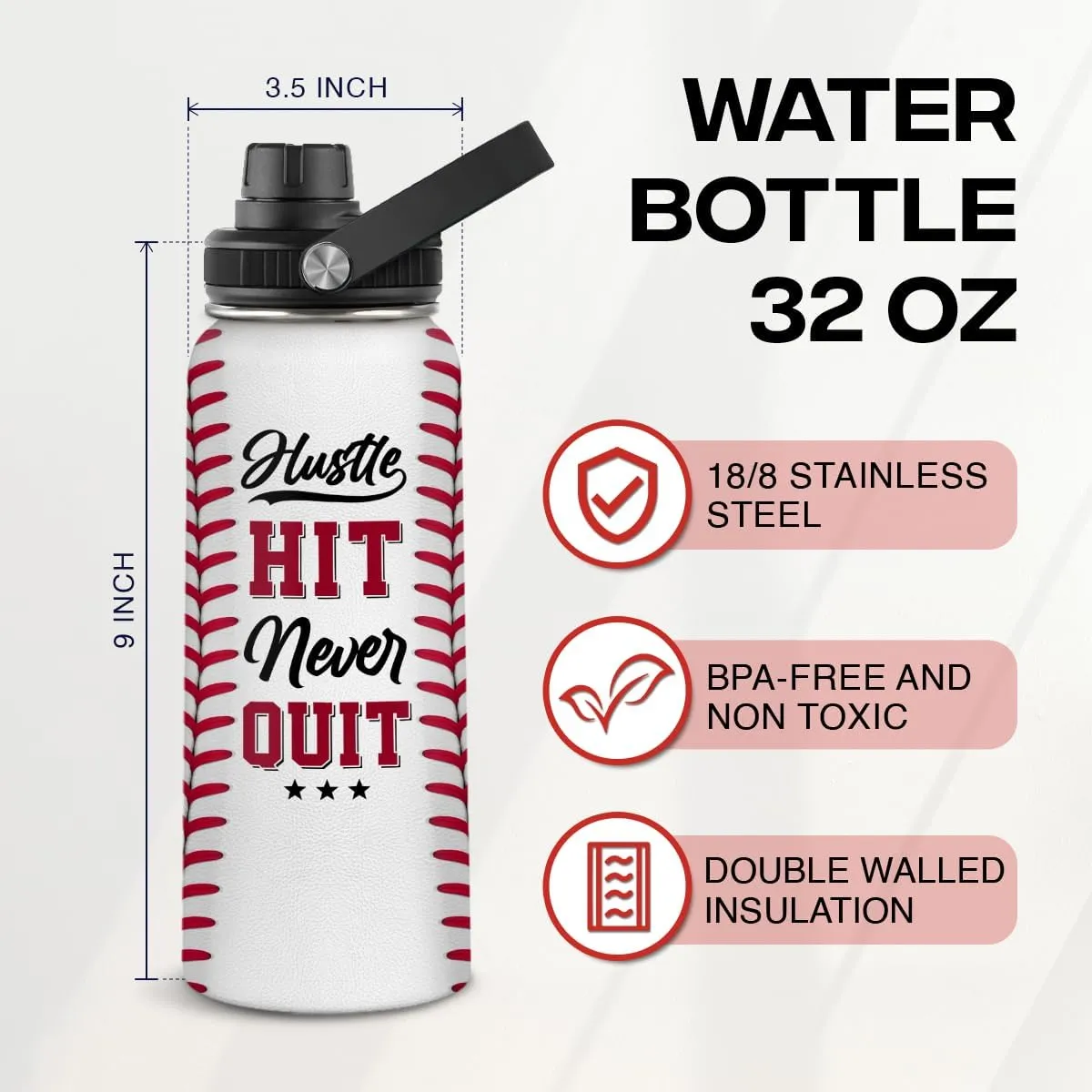 SANDJEST Baseball Water Bottle 32oz Hustle Hit Never Quit Stainless Steel Insulated Bottle for Men Women Sports Lovers Baseball Fans