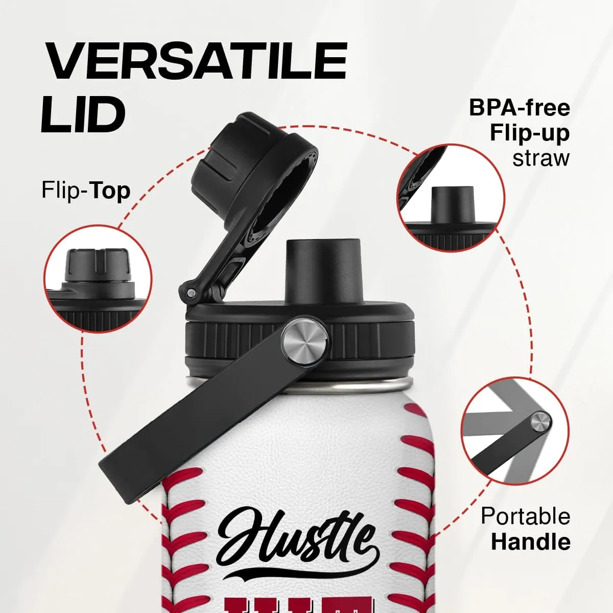 SANDJEST Baseball Water Bottle 32oz Hustle Hit Never Quit Stainless Steel Insulated Bottle for Men Women Sports Lovers Baseball Fans