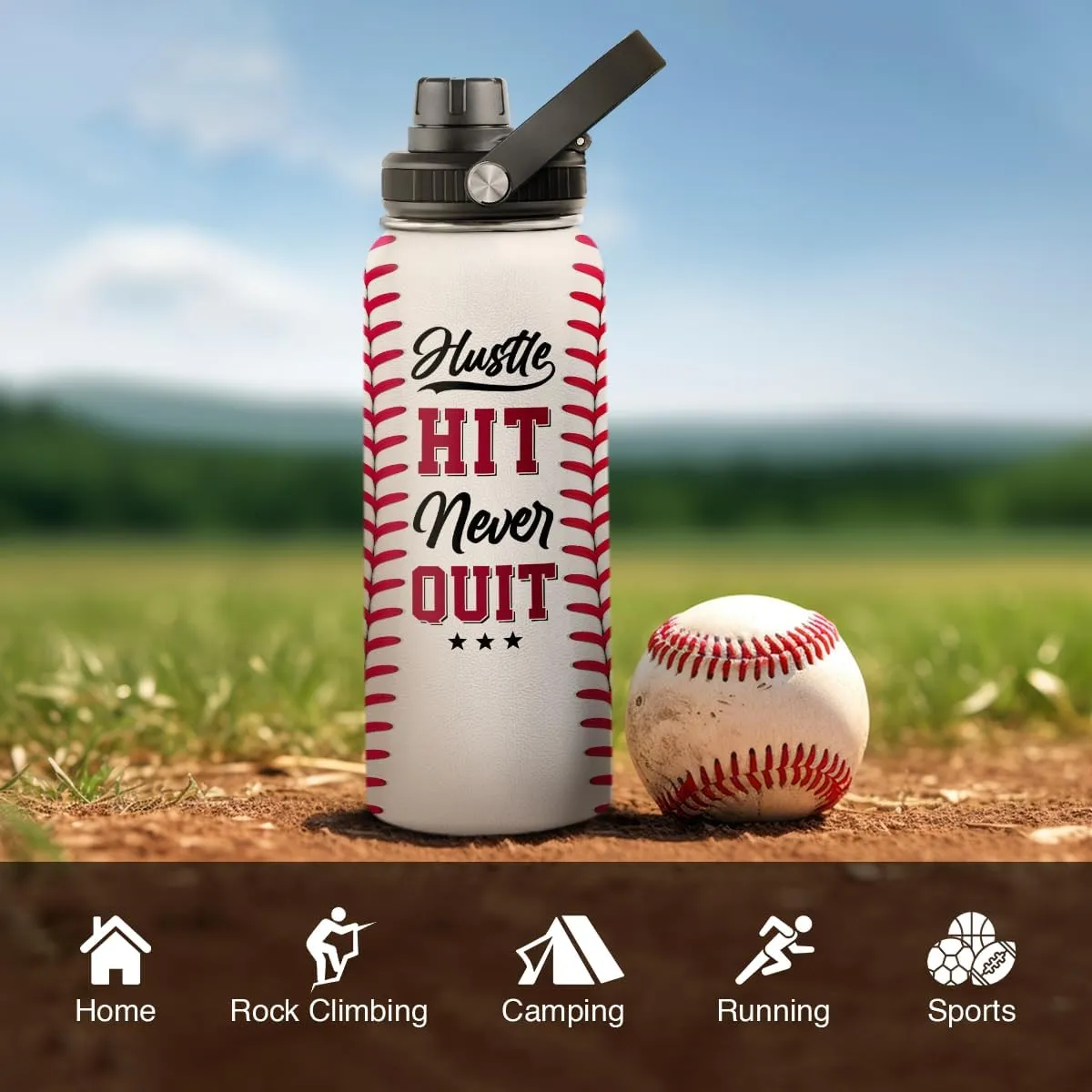 SANDJEST Baseball Water Bottle 32oz Hustle Hit Never Quit Stainless Steel Insulated Bottle for Men Women Sports Lovers Baseball Fans