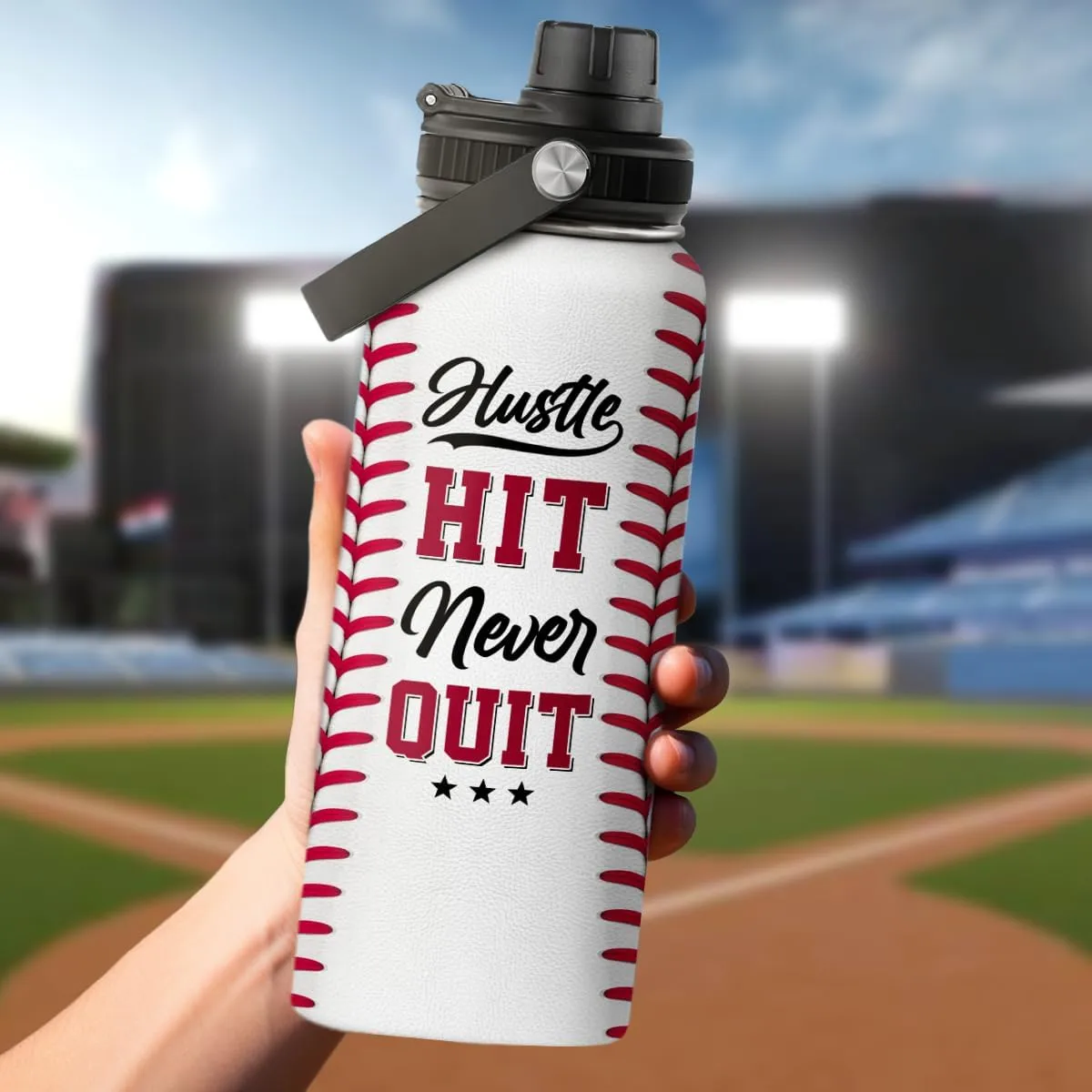 SANDJEST Baseball Water Bottle 32oz Hustle Hit Never Quit Stainless Steel Insulated Bottle for Men Women Sports Lovers Baseball Fans