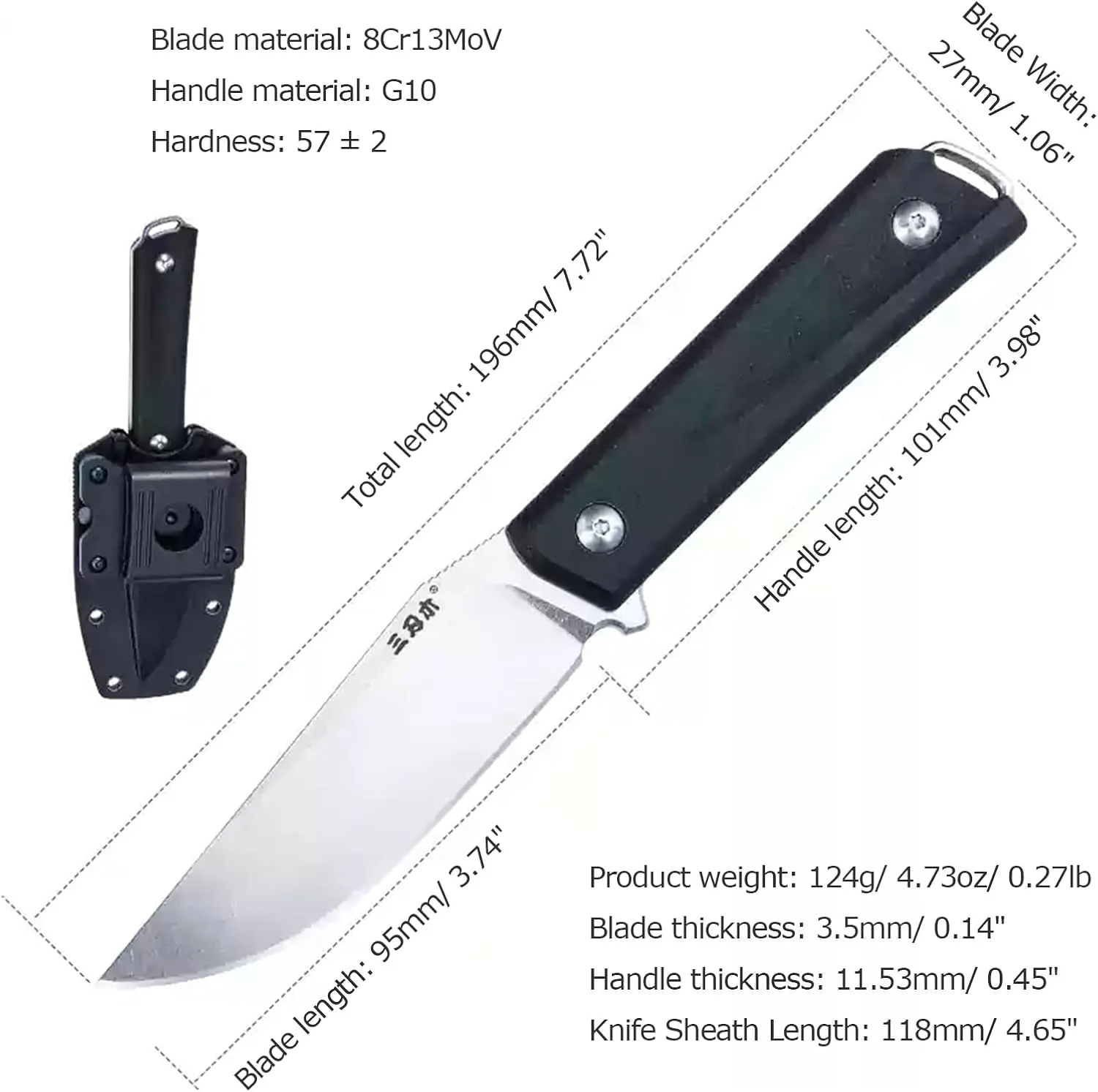 Sanrenmu Fixed Blade Knife with Sheath 7.72 Inch Length 8Cr13Mov 3.74" Blade Compact G10 Handle Knife for Outdoor Camping S611 (Black)