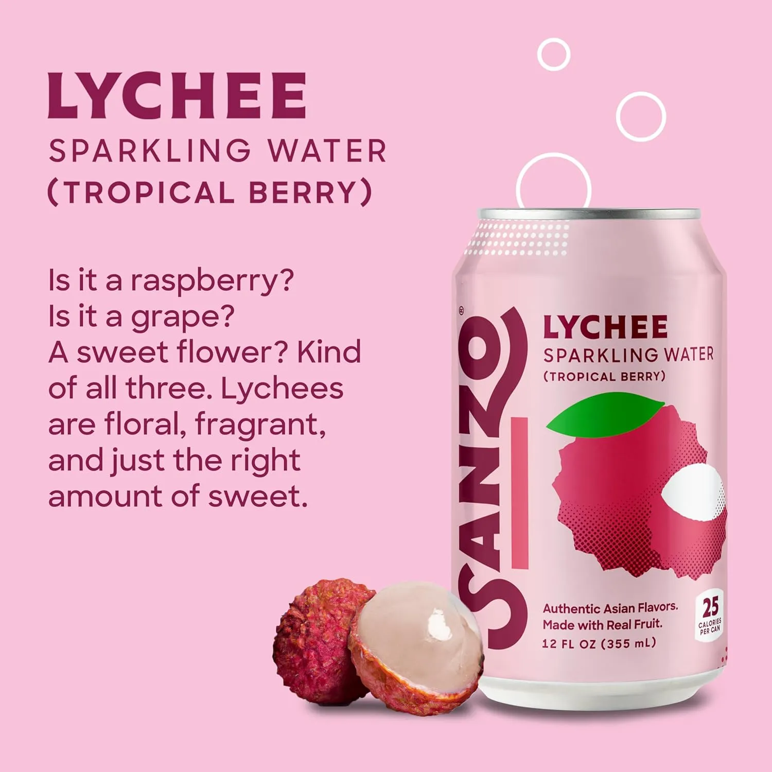 Sanzo Flavored Sparkling Water - Tropical Berry Seltzer (Lychee) - Low Calorie Low Sugar Soda - Craft Asian Drinks - Vegan Gluten Free Carbonated Flavored Water - Fizzy Healthy Drinks - 12oz, 12 Pack