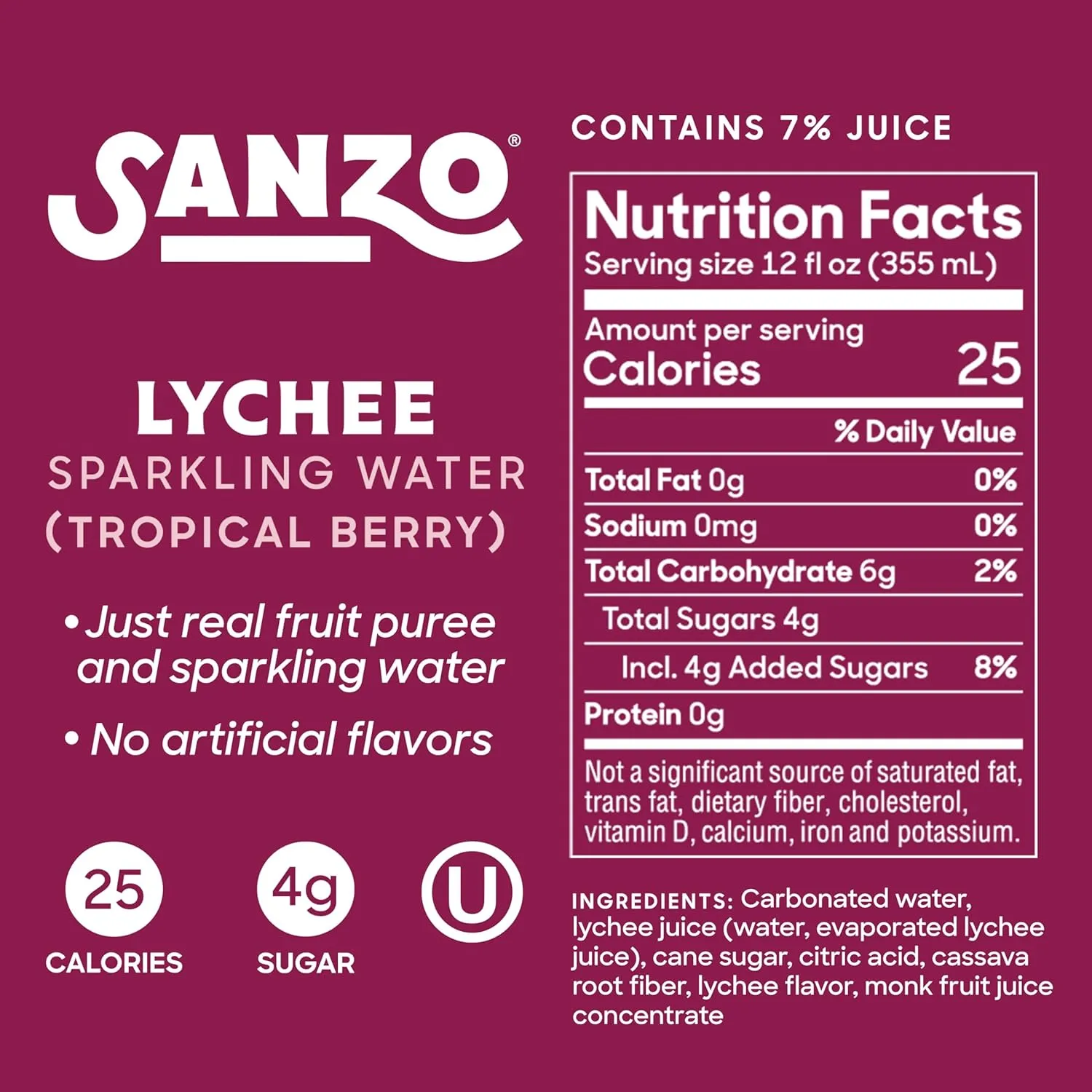 Sanzo Flavored Sparkling Water - Tropical Berry Seltzer (Lychee) - Low Calorie Low Sugar Soda - Craft Asian Drinks - Vegan Gluten Free Carbonated Flavored Water - Fizzy Healthy Drinks - 12oz, 12 Pack
