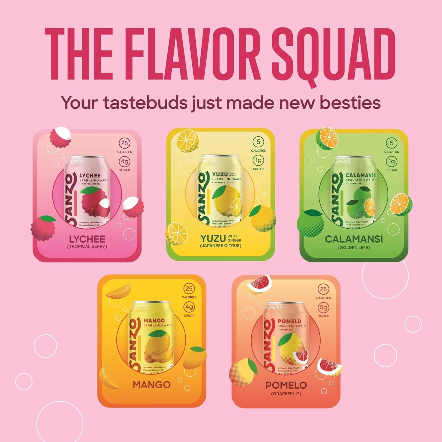 Sanzo Flavored Sparkling Water Variety Pack - Yuzu Lemon Soda, Calamansi Lime Seltzer Water, Pomelo Grapefruit Soda, Mango Sparkling Drink, Lychee Carbonated Drinks - Vegan Low Sugar - 12oz, 12 Pack