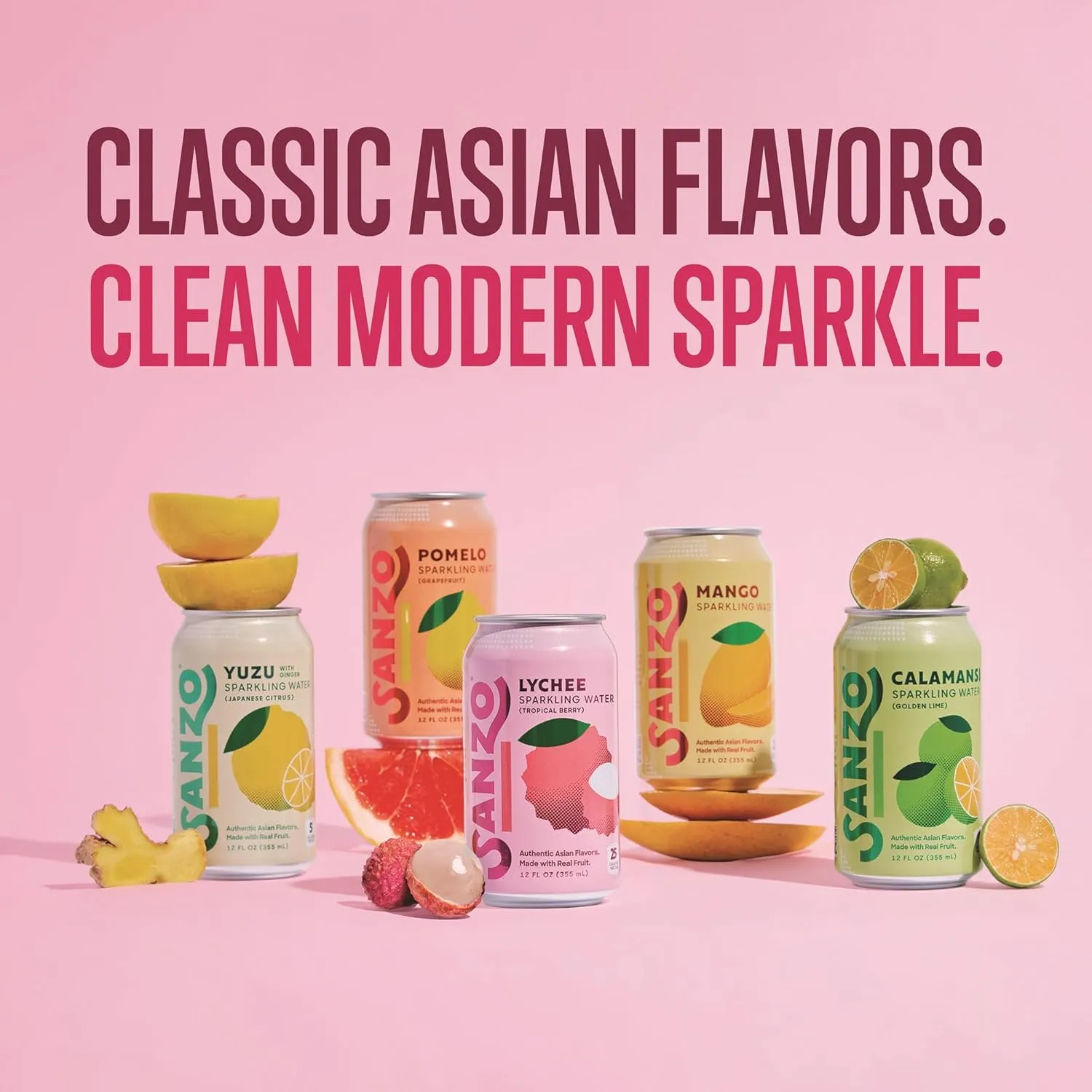 Sanzo Flavored Sparkling Water Variety Pack - Yuzu Lemon Soda, Calamansi Lime Seltzer Water, Pomelo Grapefruit Soda, Mango Sparkling Drink, Lychee Carbonated Drinks - Vegan Low Sugar - 12oz, 12 Pack